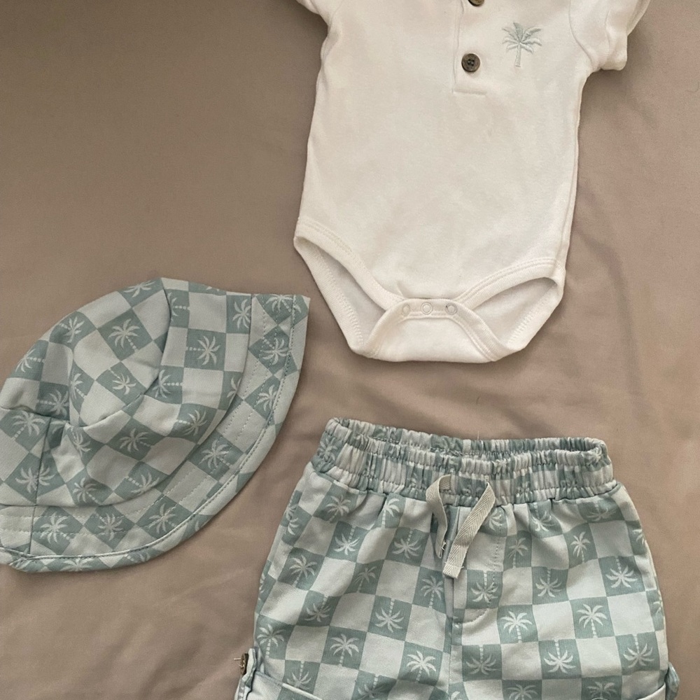Palm Tree Baby Outfit Set - White and Blue